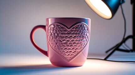 Professional product photo of a designer Valentine mug with a prominently embossed heart texture, illuminated by studio lighting with a side light source to accentuate texture.