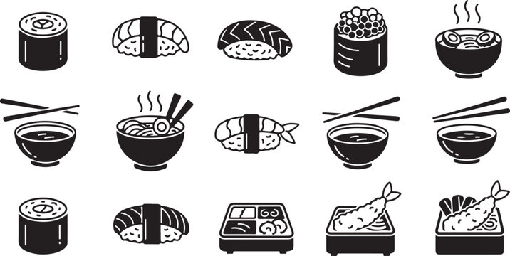Japanese cuisine icons: sushi, ramen, and bento box