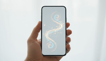 Hand holding smartphone displaying magical digital swirl. Neon glowing light trails on mobile screen representing AI, data flow, or futuristic technology concept on a bright background.