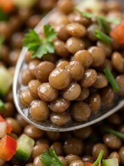 Close-up of Fresh Lentil Salad with Vegetables and Herbs on a Spoon