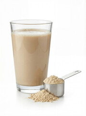 Protein Shake and Powder Scoop on White Background