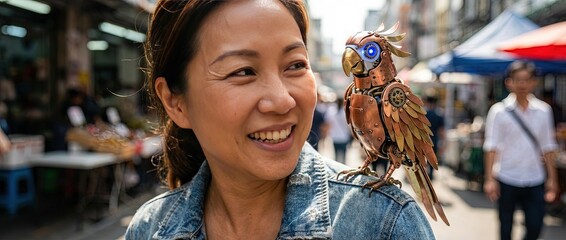 Woman is cuddling with her companion pet robot parrot