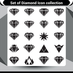 A diverse collection of black silhouette diamond icons showcasing various facets and shapes