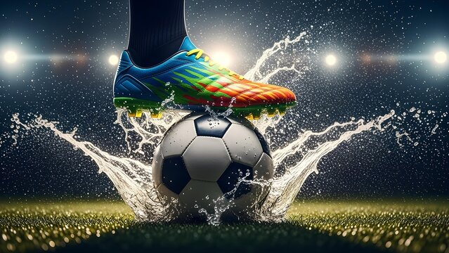 Dynamic action shot of a football boot hitting the ball under stadium lights with liquid splash and light trails.