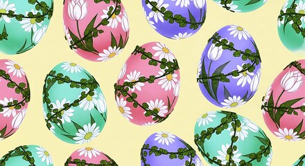 Seamless Pastel Easter Egg Pattern With White Daisies And Green Botanical Vines For Spring Branding And Festive Lifestyle Design