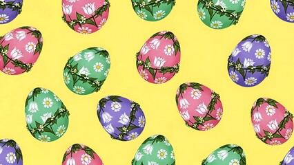 Seamless Pastel Easter Egg Pattern With Delicate Spring Flowers And Green Vines For Cheerful Branding And Lifestyle Design