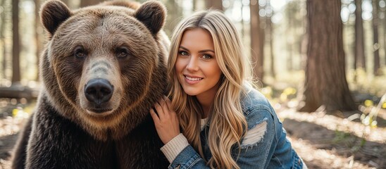 Woman is cuddling with her companion pet bear