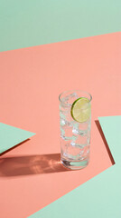 Refreshing Glass of Water with Lime and Ice on Modern Two-Tone Background