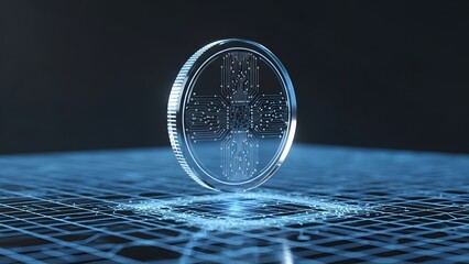 Cryptocurrency coin with circuit board design on grid surface with blue glow with digital currency and technology and finance and innovation