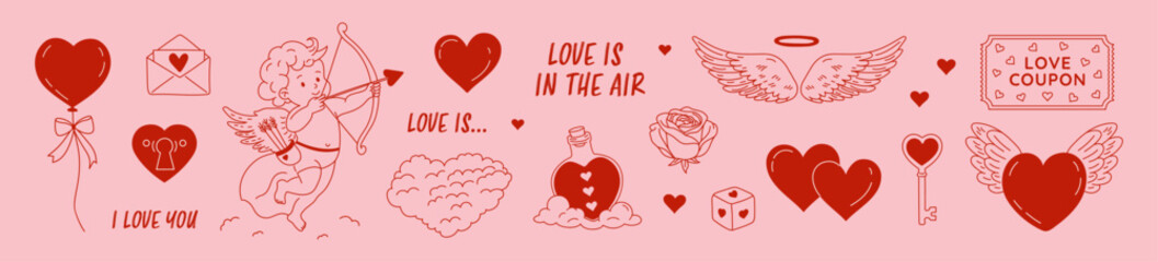 Happy Valentine Day love set:cute Cupid with wings, red heart symbols, winged hearts,heart-shaped balloons.Creative concept for web use, playful romance elements,hand-drawn doodle vector illustration 