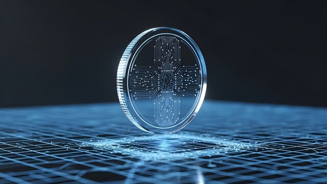 Cryptocurrency coin with circuit board design on grid surface with blue glow with digital currency and technology and finance and innovation