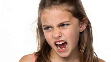 A close-up of a shocked young girl with an expressive face, screaming and laughing in joy, showing her teeth and mouth in a fun expression
