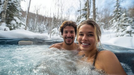 A couple smiles while soaking in a hot tub surrounded by a winter landscape of snowy trees. They appear relaxed and happy enjoying the chilly atmosphere while staying warm.