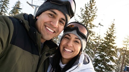 Couple of adults are exploring the world - hispanic couple ski trip winter mountains