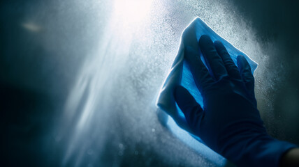 A close-up shot of a hand wearing a blue protective glove cleaning a fogged or dirty glass window with a blue cloth, featuring bright light flares and a sterile atmosphere.