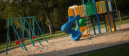 School playground with playground equipment (slide, jungle gym)