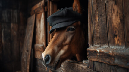 A humorous and rustic close-up of a brown horse wearing a dark grey herringbone flat cap, looking out from a weathered wooden barn window with a soulful expression.