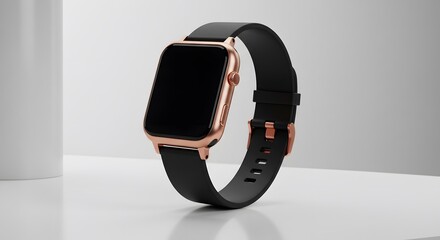 Modern smartwatch with black strap and rose gold frame on white surface.