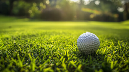 Obraz premium Golf ball on green grass at sunrise