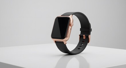 Modern smartwatch with rose gold frame and black strap on white surface.