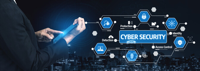 A professional concept illustrating cyber security with hands holding a digital tablet, displaying various elements related to protection, data access, and threat detection. Tessel