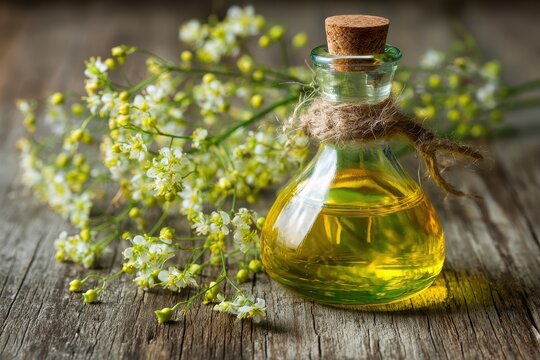 Camelina Oil: A Nutrient-Rich Elixir from Sativa Seeds and Flowers, Promoting Cardiovascular Health on a Rustic Wooden Background