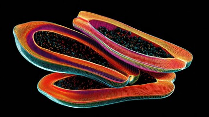 Neon-lit sliced papaya with glowing outlines and textured seeds
