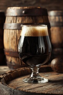 Rich Imperial Stout in Snifter Glass Surrounded by Rustic Barrel and Wood Accents