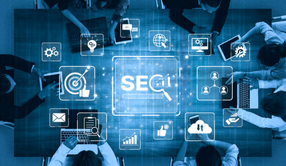 SEO concept for improving SEO visibility, with SEO related digital tools and SEO performance icons shown in an focused layout for strategic marketing. Spline