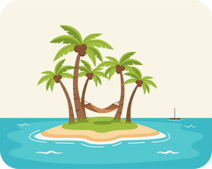 Tropical Island Illustration with Palm Trees &ndash; Summer Vacation and Paradise Concept