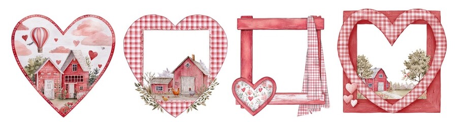 Set of hand-painted red watercolor farmhouse-style frame