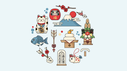 Cultural Symbols, Traditional Japanese Art, Vintage Style, Decorative Illustration, Festive Environment, Playful Concept