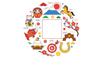Japanese Symbols and Icons, Whimsical Illustration, Colorful Design, Artistic Environment, Creative Perspective