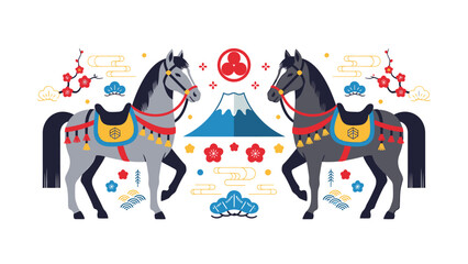 Cultural Festival, Horses, Japan, Illustration, Colorful Scene, Side View, Traditional Aesthetics