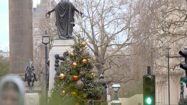 Guards Crimean War Memorial Statue, Waterloo Place Christmas Tree Decorations, Central London, England, United Kingdom, Britain