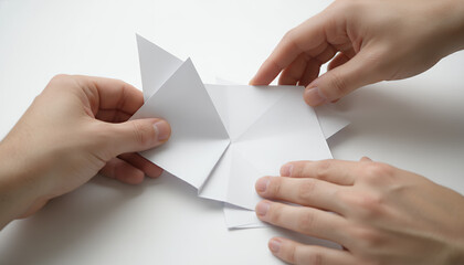Hands Folding White Paper into Geometric Origami Shape. Creative Paper Craft Process, DIY Hobby, Structure and Precision on Minimalist Background.