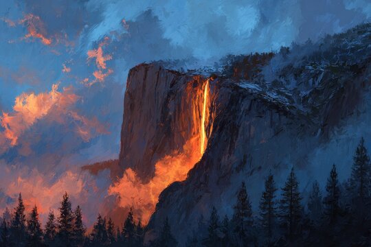 Yosemite Firefall: A Stunning Sunset Over California's Majestic Mountains and Clouds