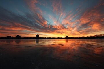 Bde Maka Ska at Dusk: Serene Sunset Over the Water with Vibrant Clouds and Reflective Lake Landscape