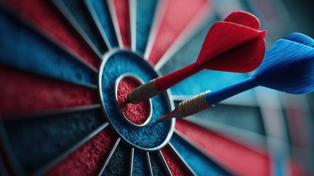 Precision Play: Red and Blue Dart Arrow Striking the Bullseye - A Sport Competition Concept