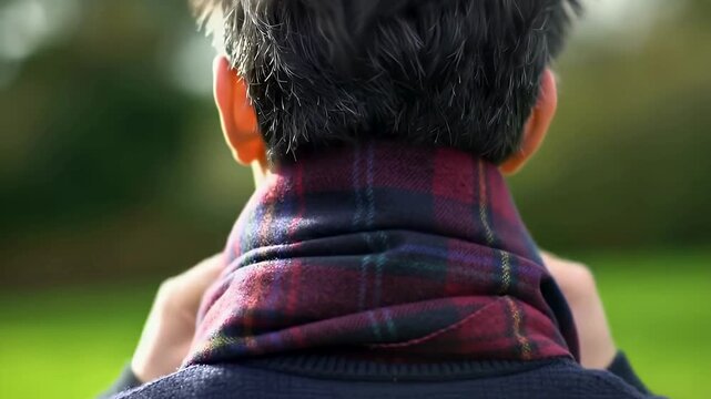 Man adjusts warm tartan scarf outdoors on a cool day.