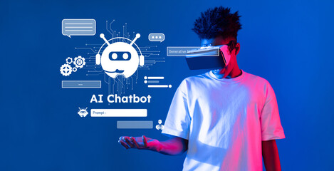 Explore a dynamic depiction of futuristic AI chatbot technology, showcasing a virtual reality interaction that highlights advancements in automation and machine learning. XDMCP