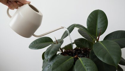 Close-up of a Hand Watering a Ficus Elastica (Rubber Plant) with a Modern Minimalist Watering Can Against a Bright White Background.