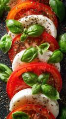 Top view of a vibrant caprese salad with tomatoes, mozzarella, and basil, fresh and colorful, vertical photo