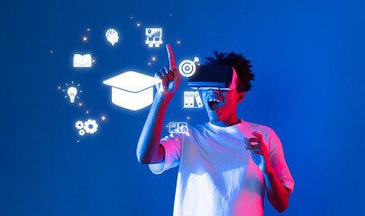 A young student joyfully experiences virtual reality education, surrounded by engaging educational icons. This vibrant scene symbolizes the future of learning through technology. XDMCP
