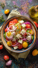 Top view of a colorful Mediterranean salad in a ceramic bowl, fresh vegetables and herbs, vertical food photo