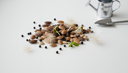 Germination and New Life: Mixed Seeds Sprouting with Miniature Watering Can and Shovel on White Background, symbolizing Growth and Potential