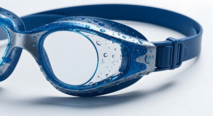 Blue Swimming Goggles with Water Droplets on White Background.