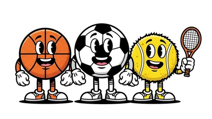 A cartoon collection of a basketball, a soccer ball, and a tennis ball, personified and smiling