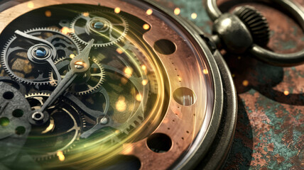 Close-up of a vintage pocket watch with intricate exposed gears and glowing light effects, symbolizing time and craftsmanship