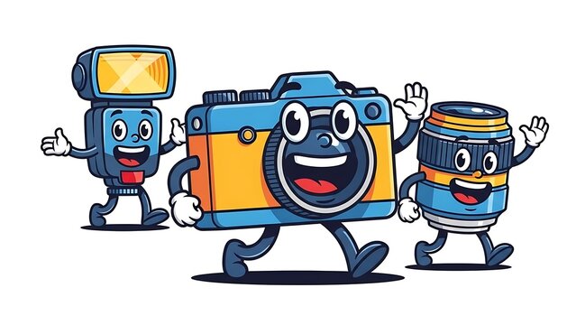 A cheerful illustration of camera accessories running together